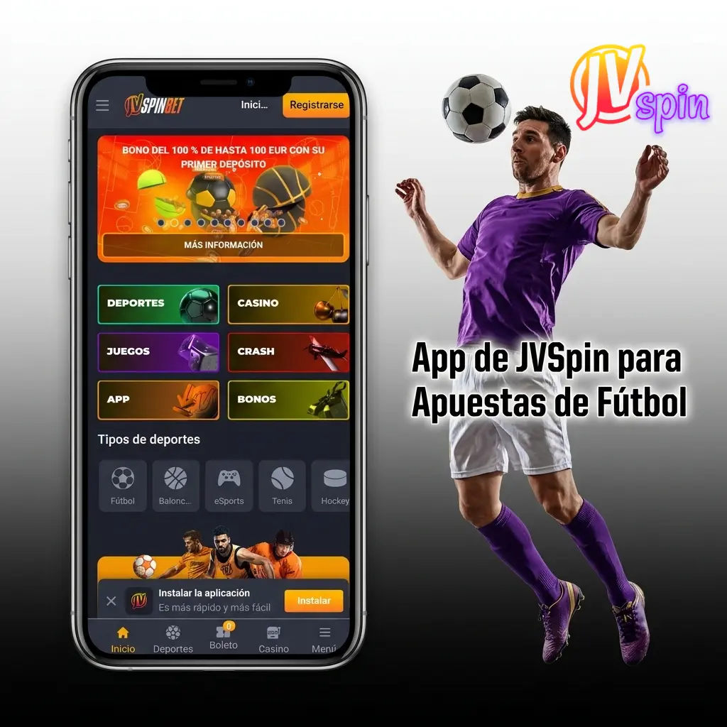 App móvil de JVSpin para apuestas de fútbol disponible en Android e iOS con funciones completas