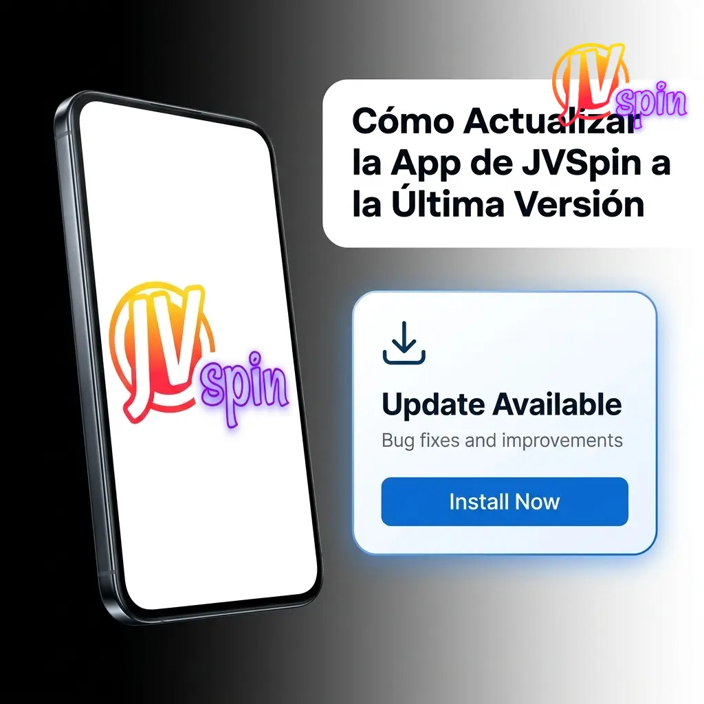 Pantalla de actualización de la app JVSpin mostrando la última versión disponible en dispositivo móvil