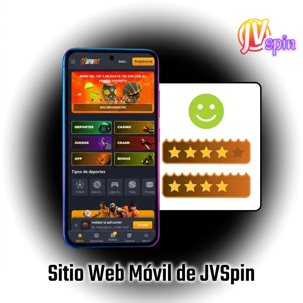 Sitio web móvil de JVSpin optimizado para smartphones y tablets con acceso a casino y apuestas deportivas